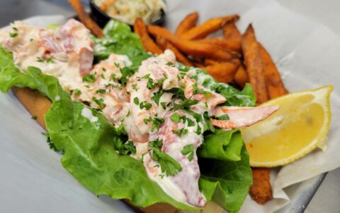 Cold Lobster Roll with sweet potato fries